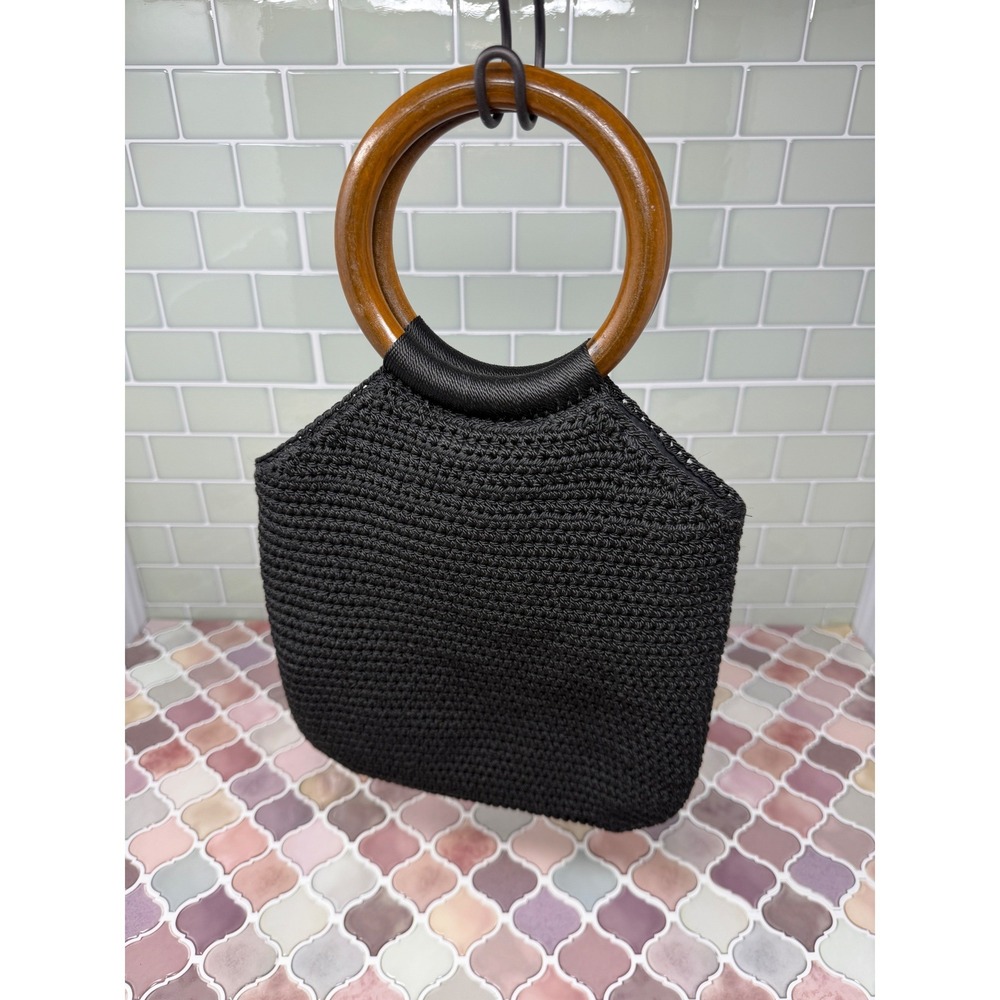 VTG Black Crochet Handbag with Round Wooden Handles